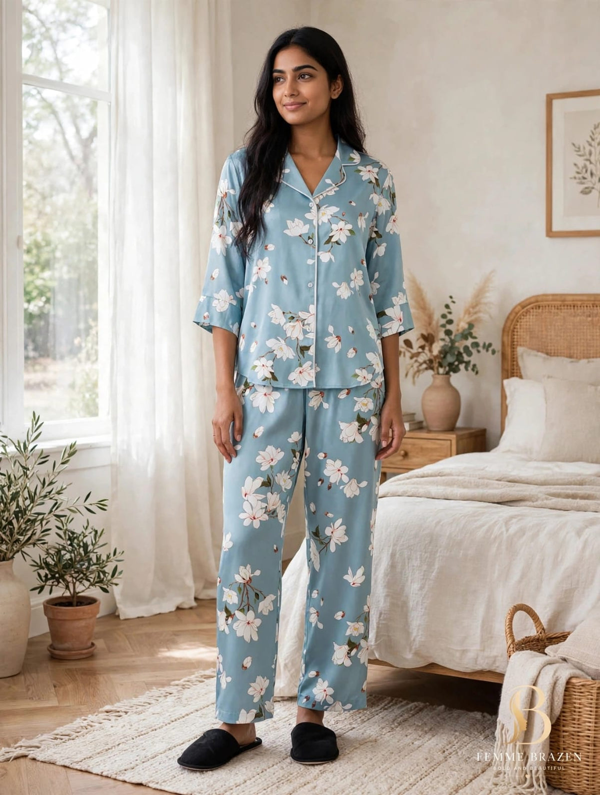 Floral Printed Blue Pajama Set – Comfortable 2-Piece Night Suit