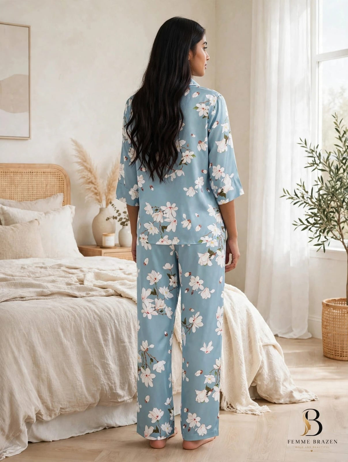 Floral Printed Blue Pajama Set – Comfortable 2-Piece Night Suit