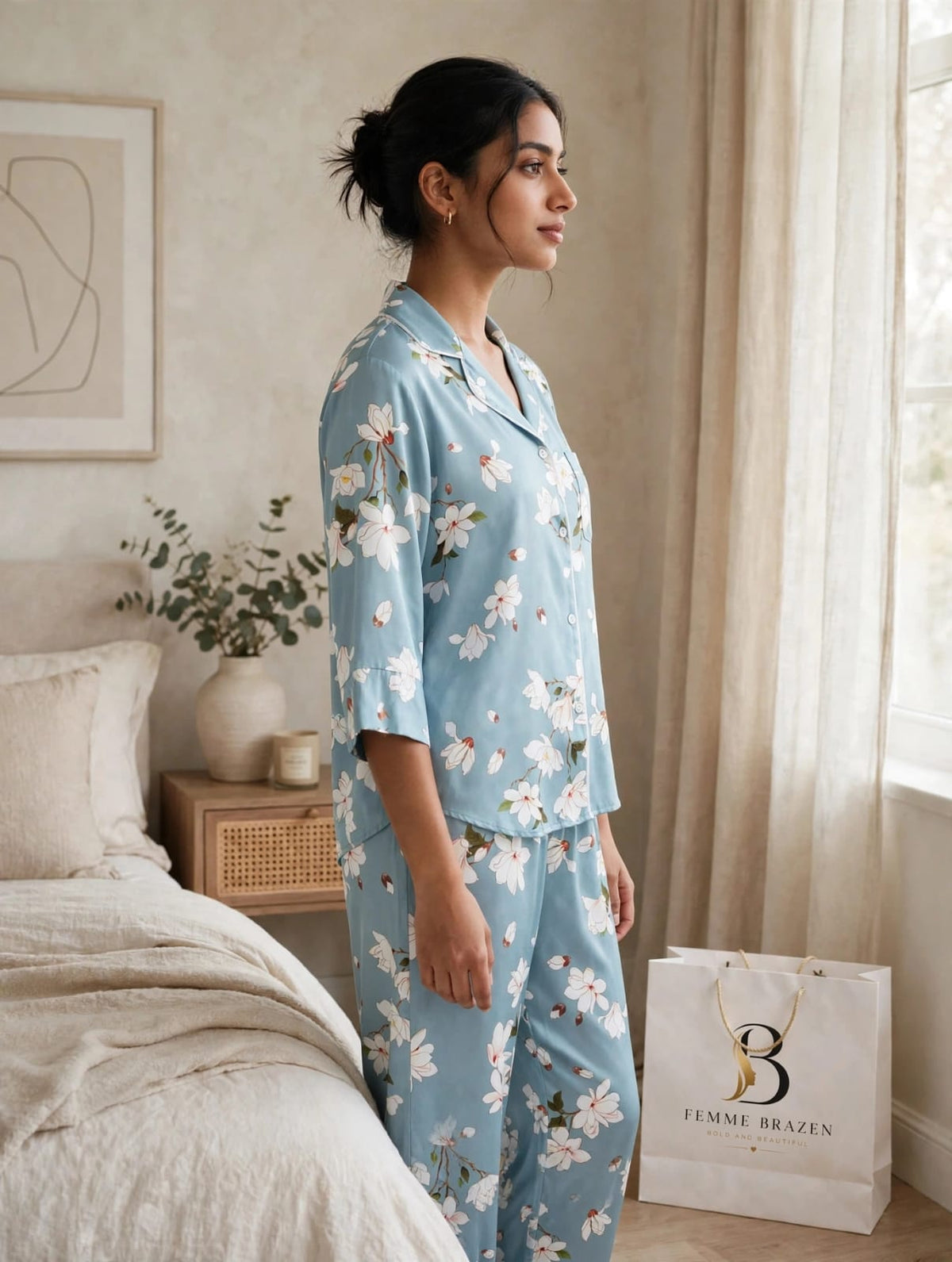 Floral Printed Blue Pajama Set – Comfortable 2-Piece Night Suit