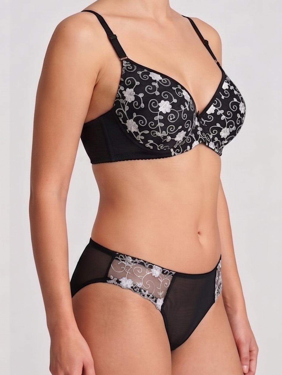 Floral Embroidered Lingerie Set - Black
