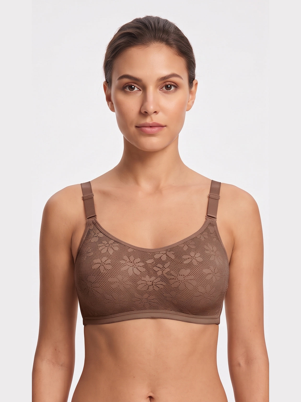 Floral Lace Wire free Bra – Taupe Brown
