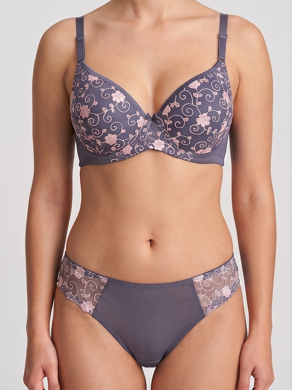 Floral Embroidered Lingerie Set - Purple