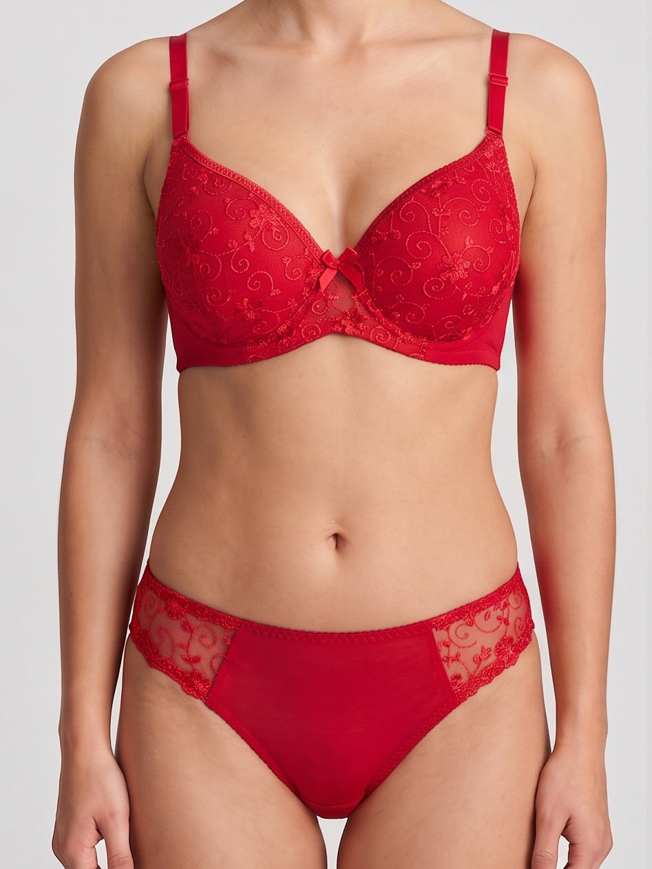 Floral Embroidered Lingerie Set - Red