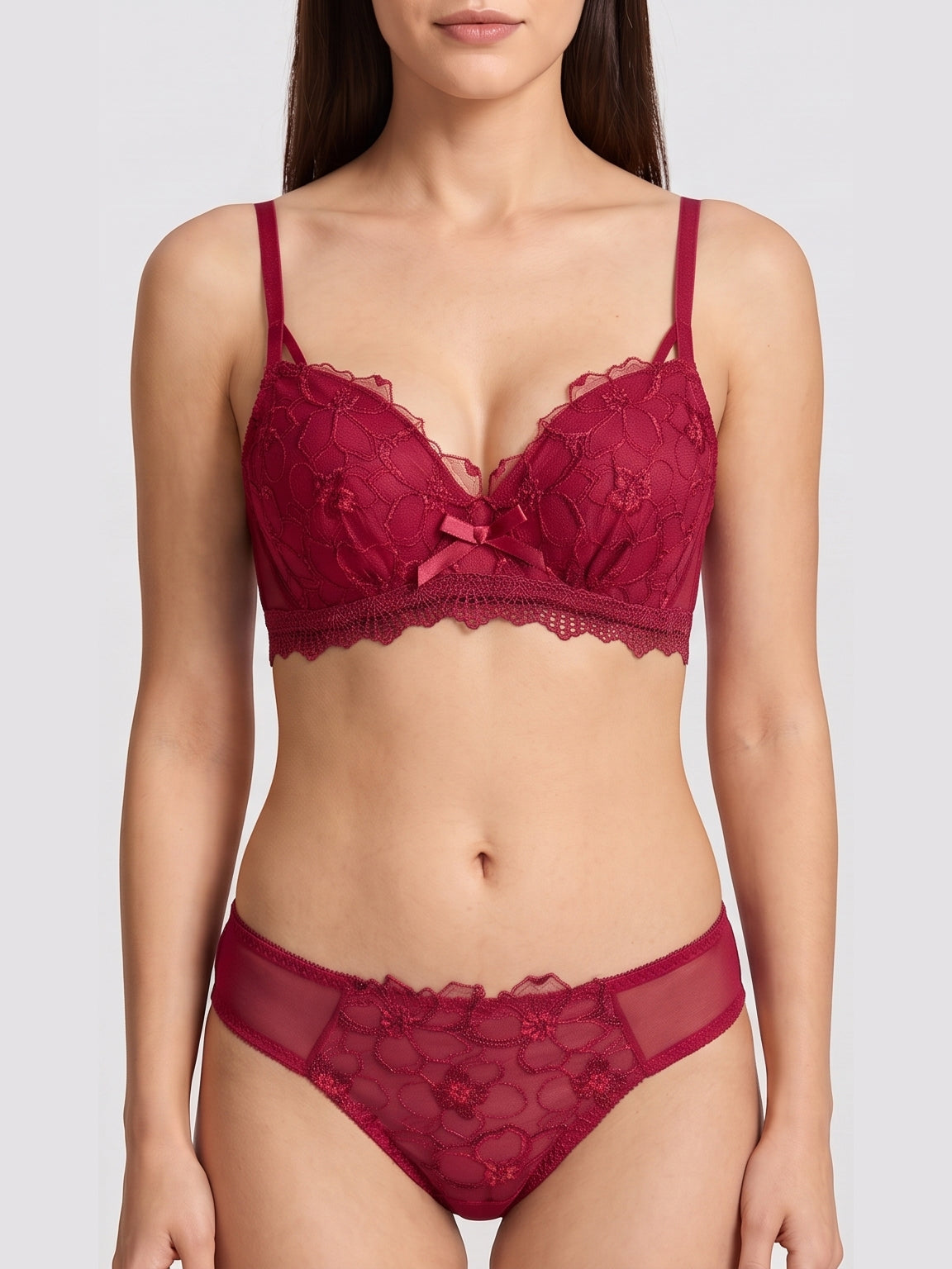 Floral Lace Lingerie Set - Red