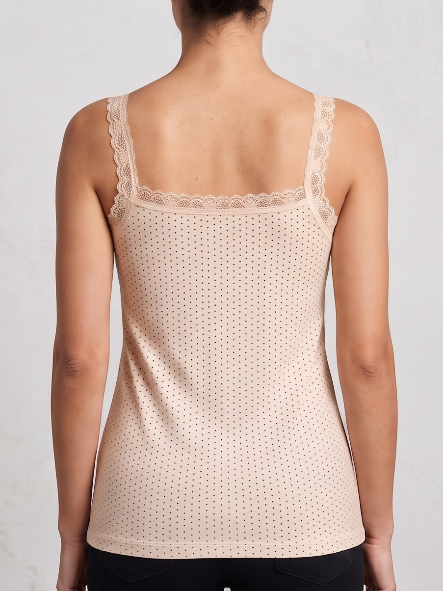 A woman shown from the back wearing a light beige camisole tank top with a delicate lace trim along the scoop neckline and thin straps, set against a neutral light gray background.