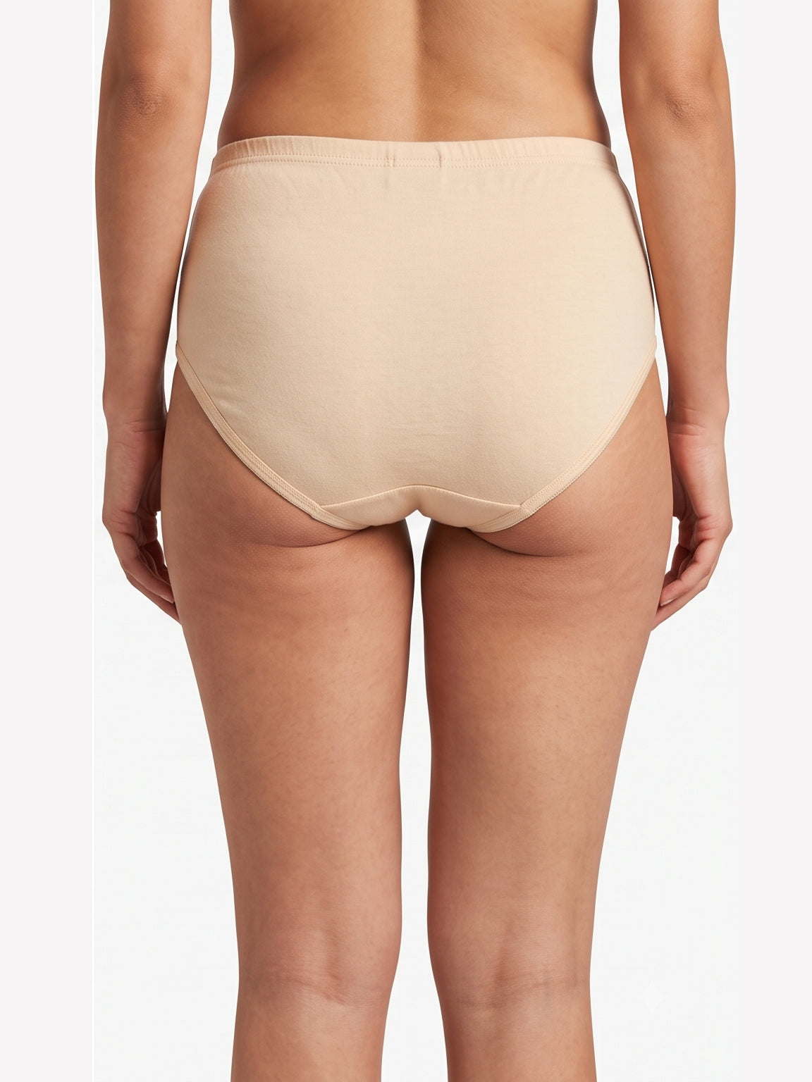 Rear view of a model wearing high-waisted beige briefs against a plain white background.